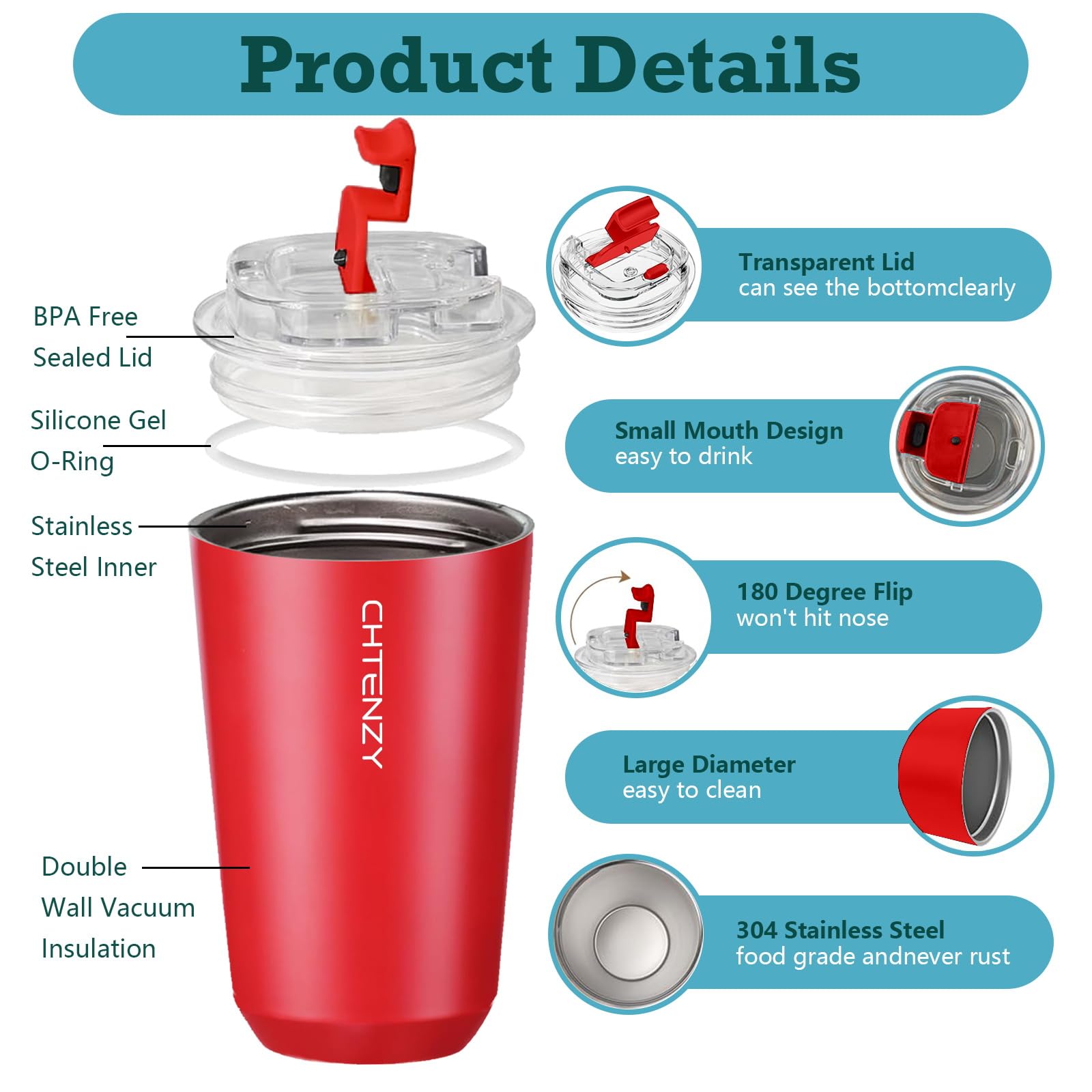 CHTENZY Insulated Coffee Mug,Spill Proof Travel Coffee Cup With Lid, Red Coffee Thermos,Stainless Steel Double Wall Vacuum Cup,Reusable For Coffee Tumbler (Red,13oz)