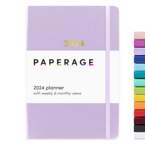paperage 2024 weekly & monthly hardcover planner (lavender), 12 month (january 2024 - december 2024), 5.7 in x 8 in, weekly & monthly spreads, includes additional note pages, back pocket & trackers