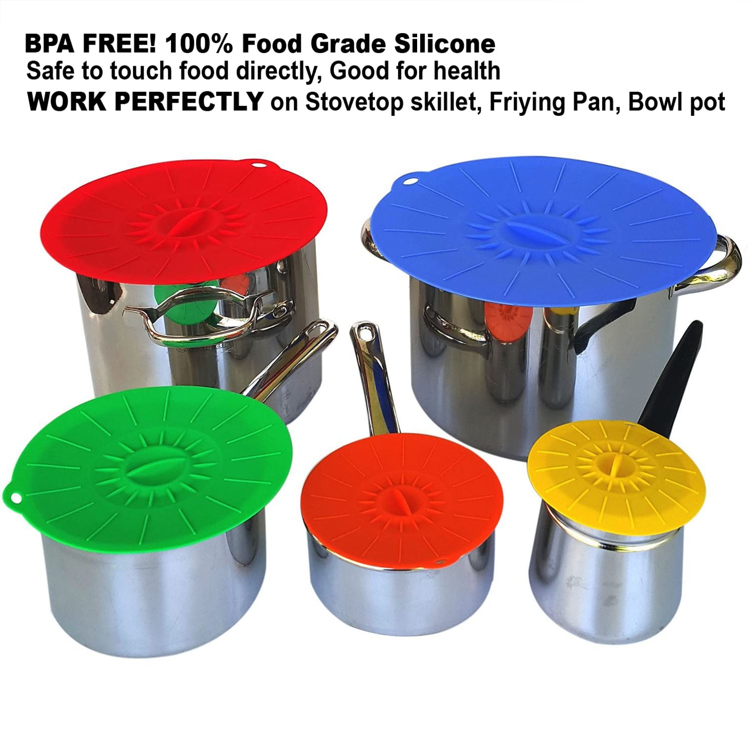 Set of 5 Silicone Lids,Heat Resistant, Microwave Splatter Covers, Reusable Food Suction Lids for Cups, Bowls, Plates, Pots, Pans, Skillets, Stovetops, Ovens, and Refrigerators, L, XL) BPA-Free -Blue