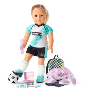 american girl truly me 18-inch doll 27 & school day to soccer play playset with supplies, uniform, and ball, for ages 6+