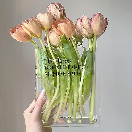 Clear Book vase for Flowers - Aesthetically Designed Acrylic Book Vase for Bookshelf Decor and Centerpieces - Ideal Bookish Gift for Women Friends - Inspirational Phrase (Black)