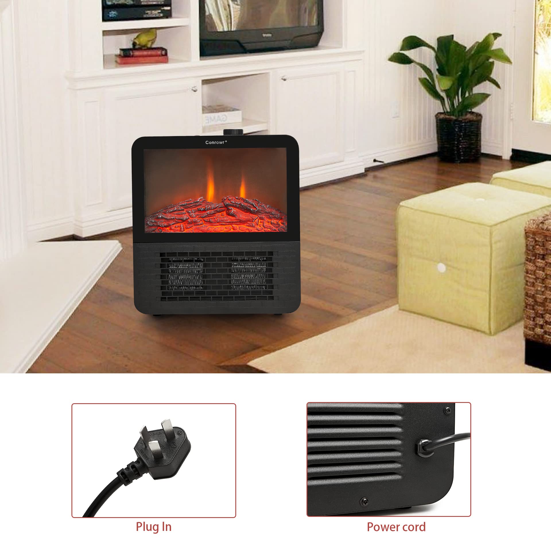 CONROWR 17inch Recessed Electric Fireplace Plug-in Heater, Recessed Freestanding Fireplace, Adjustable Flame Brightness Speed, Low Noise, 1600 Watts, Black