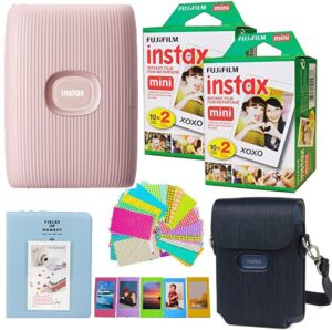 fujifilm instax mini link 2 color smartphone printer - soft pink instant mini film (40 sheets) with accessories including compatible case with strap, photo album, stickers, bundle