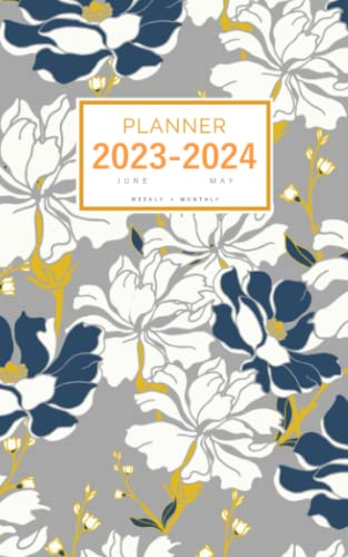 Planner 2023-2024: 5x8 Weekly and Monthly Organizer Small from June 2023 to May 2024 | Abstract Blooming Flower Design Gray