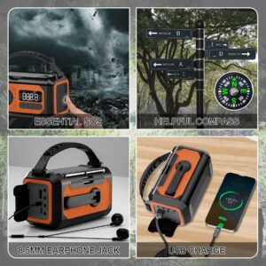 TURJGKSG 12000mAh Emergency Weather Radio, Hand Crank Radio, Portable AM/FM/NOAA Radio with 2 Solar Panels, Multi-Function Solar Radio with Flashlight Reading Lamp SOS, Compass, Power Bank(Orange)