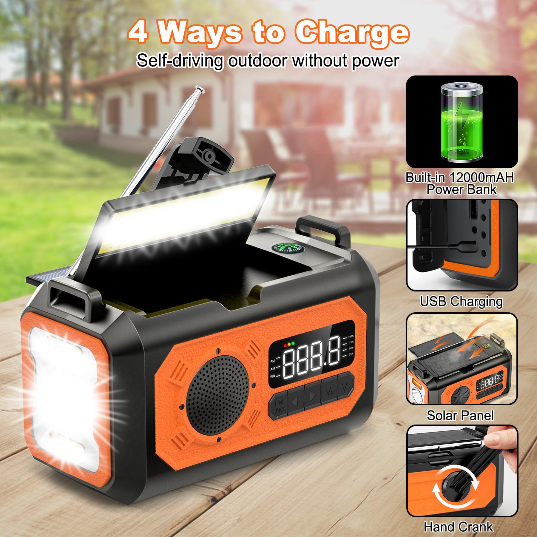 TURJGKSG 12000mAh Emergency Weather Radio, Hand Crank Radio, Portable AM/FM/NOAA Radio with 2 Solar Panels, Multi-Function Solar Radio with Flashlight Reading Lamp SOS, Compass, Power Bank(Orange)