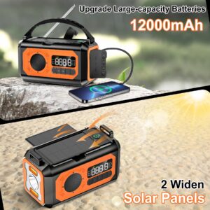 TURJGKSG 12000mAh Emergency Weather Radio, Hand Crank Radio, Portable AM/FM/NOAA Radio with 2 Solar Panels, Multi-Function Solar Radio with Flashlight Reading Lamp SOS, Compass, Power Bank(Orange)