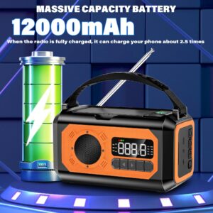 TURJGKSG 12000mAh Emergency Weather Radio, Hand Crank Radio, Portable AM/FM/NOAA Radio with 2 Solar Panels, Multi-Function Solar Radio with Flashlight Reading Lamp SOS, Compass, Power Bank(Orange)