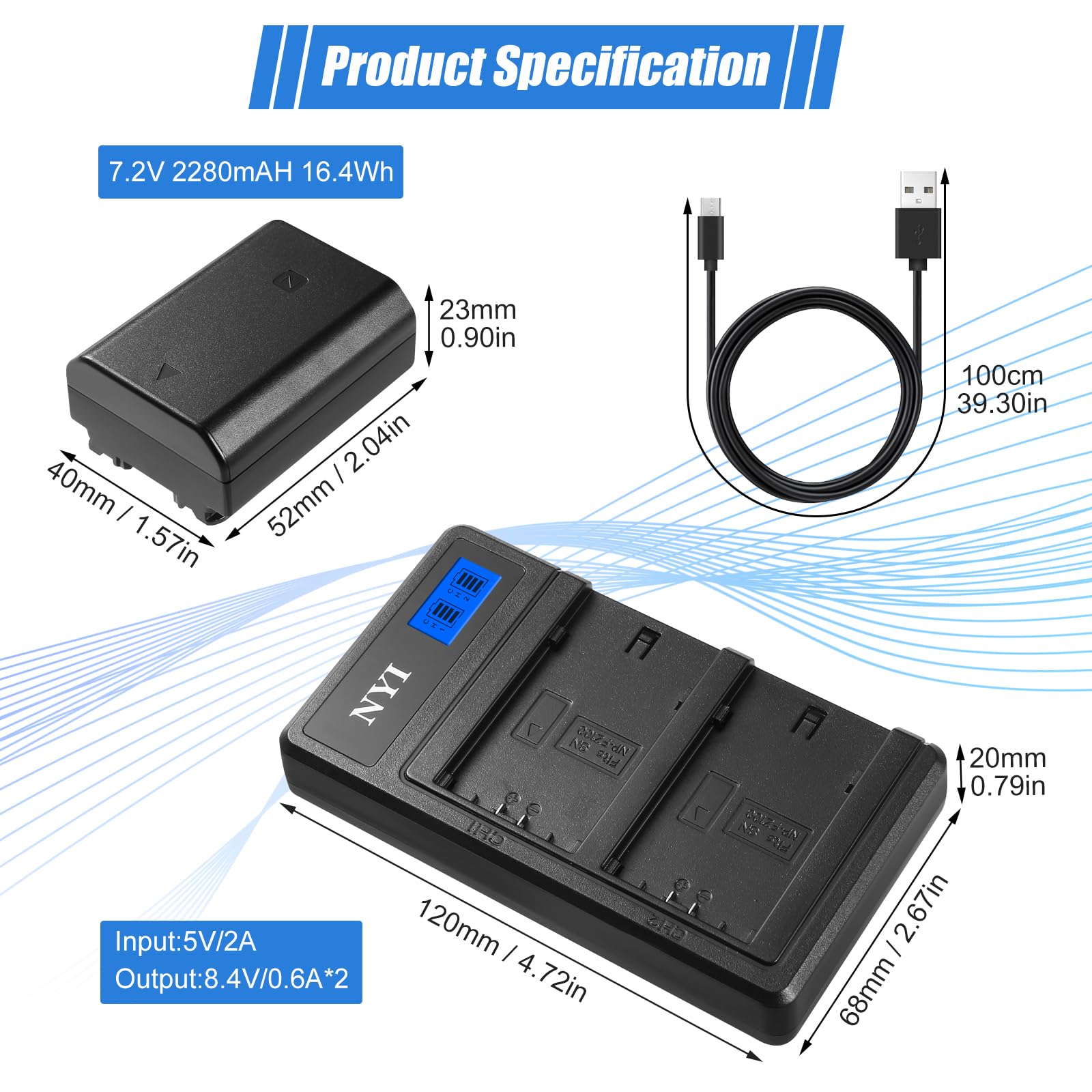 NYI A7iii Battery NP-FZ100 Replacement Batteries and Charger for Sony A7 IV, Sony Alpha A7 III, A7R III, A7R IV, A9, A6600, 9S Cameras