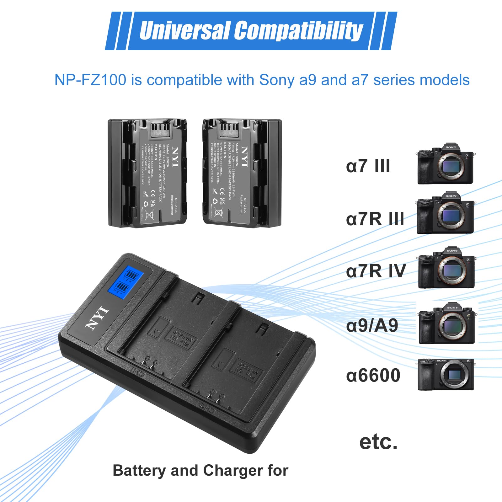 NYI A7iii Battery NP-FZ100 Replacement Batteries and Charger for Sony A7 IV, Sony Alpha A7 III, A7R III, A7R IV, A9, A6600, 9S Cameras