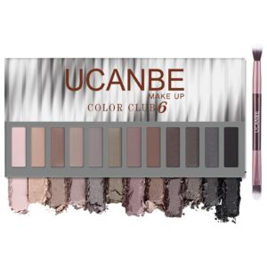 ucanbe 12 color eyeshadow makeup palette, naked nude eye shadow, neutral matte shimmer make up pallet with double-ended brush set kit, highly pigmented long lasting waterproof (palette + brush - 06)