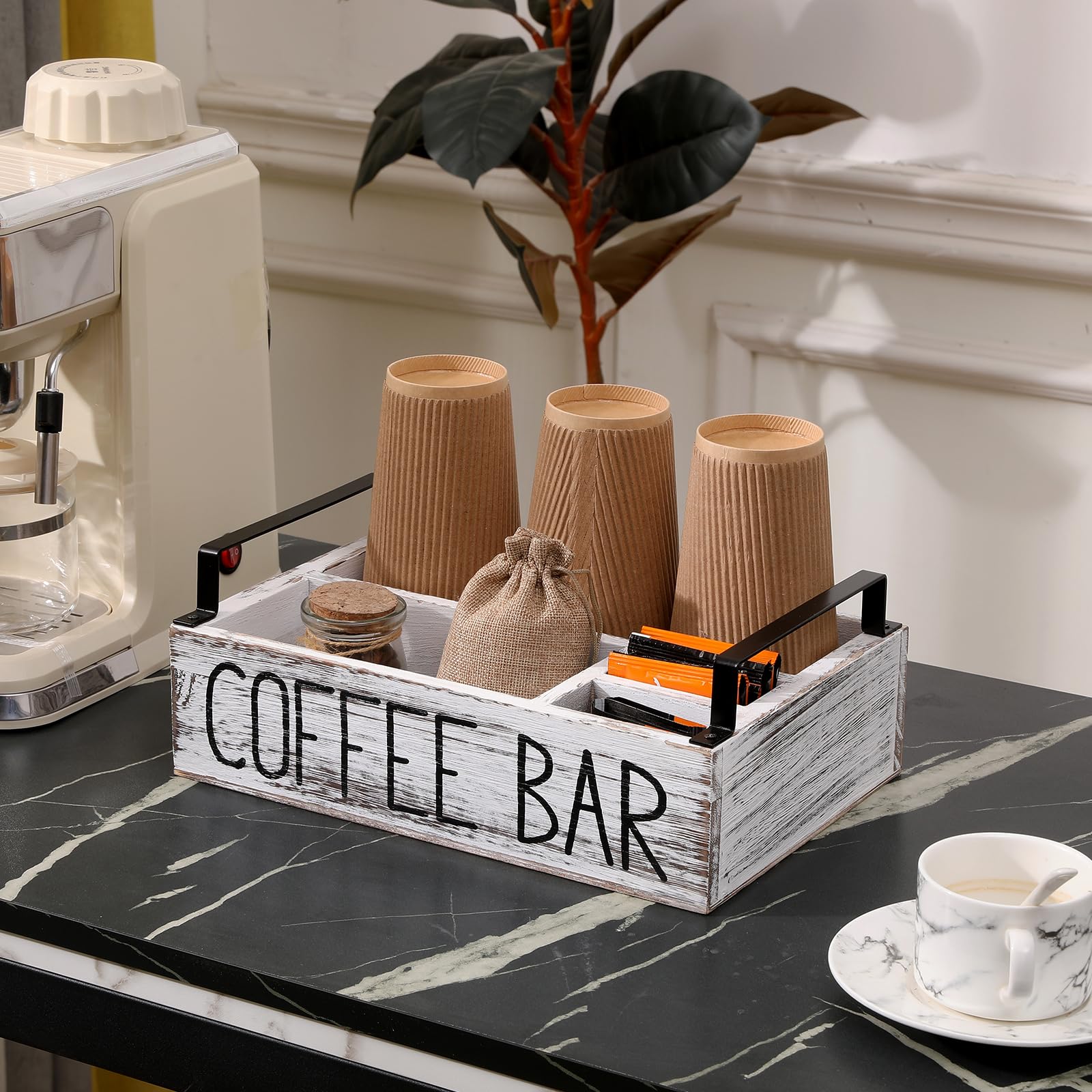 LYJWOO6D Coffee Station Organizer Coffee Pod Holder Wooden Coffee Bar Accessories Organizer for Countertop,Farmhouse Coffee Pod Holder Organizer with Handle,Coffee Bar Decor Rustic White