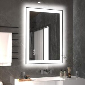 hpeytaire led bathroom mirror, 20"x28" black aluminum framed vanity mirror with front and backlit, stepless dimmable lighted mirror with anti-fog, 3 colors wall smart mirror (horizontal/vertical)