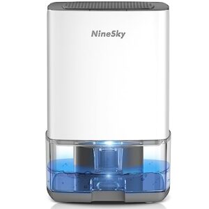 ninesky dehumidifier for home, 30oz water tank,(300 sq.ft) dehumidifiers for bedroom, bathroom, basement with 7 colorful lights, auto shut off(c1 white/gray)