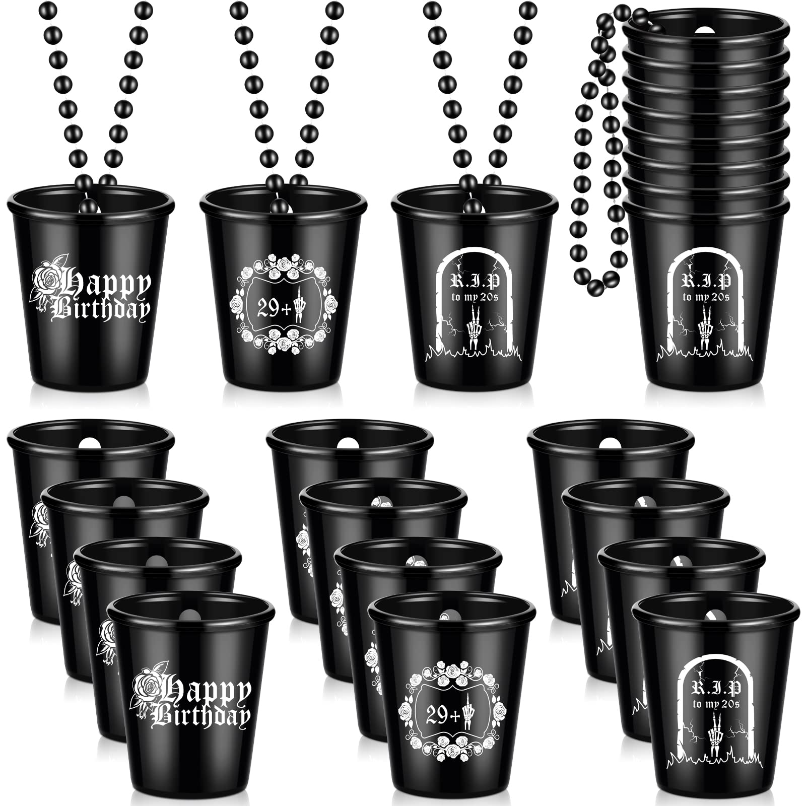 Sasylvia 12 Pcs Rip Twenties Shot Glass Necklace on Beaded Dirty Plastic Shot Necklace Cup Rip to My Birthday Decorations Black Plastic Tumbler Cups Funny Birthday Gag Gifts for Him Her (Rip 20s)