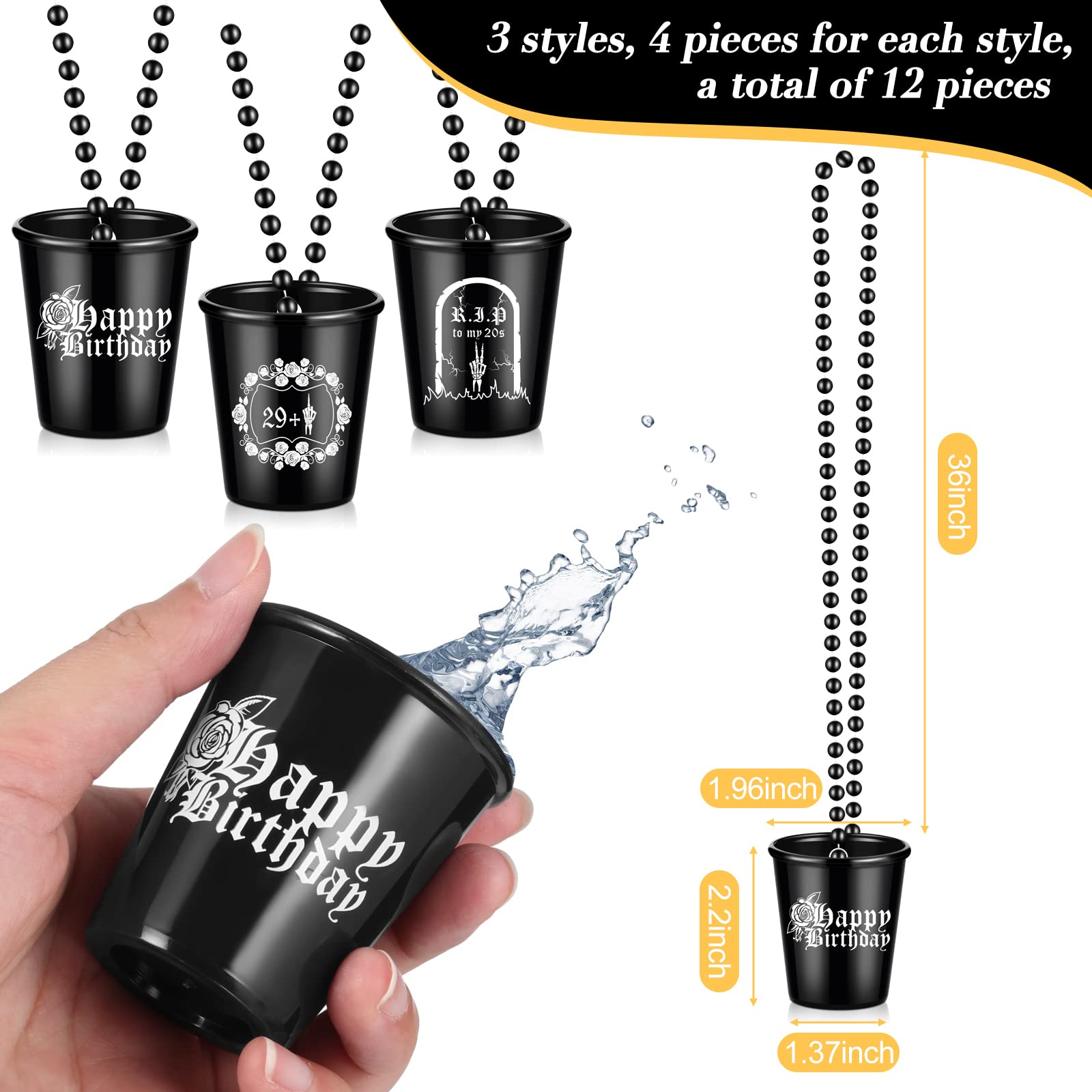 Sasylvia 12 Pcs Rip Twenties Shot Glass Necklace on Beaded Dirty Plastic Shot Necklace Cup Rip to My Birthday Decorations Black Plastic Tumbler Cups Funny Birthday Gag Gifts for Him Her (Rip 20s)