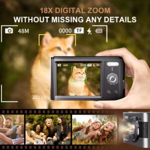 4K Digital Camera for Photography, 48MP Vlogging Camera for YouTube Compact Camera 18X Digital Zoom for Travel with Flash 3'' IPS Screen, 32G SD Card, 2 Batteries