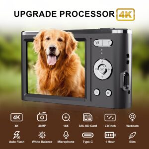 4K Digital Camera for Photography, 48MP Vlogging Camera for YouTube Compact Camera 18X Digital Zoom for Travel with Flash 3'' IPS Screen, 32G SD Card, 2 Batteries