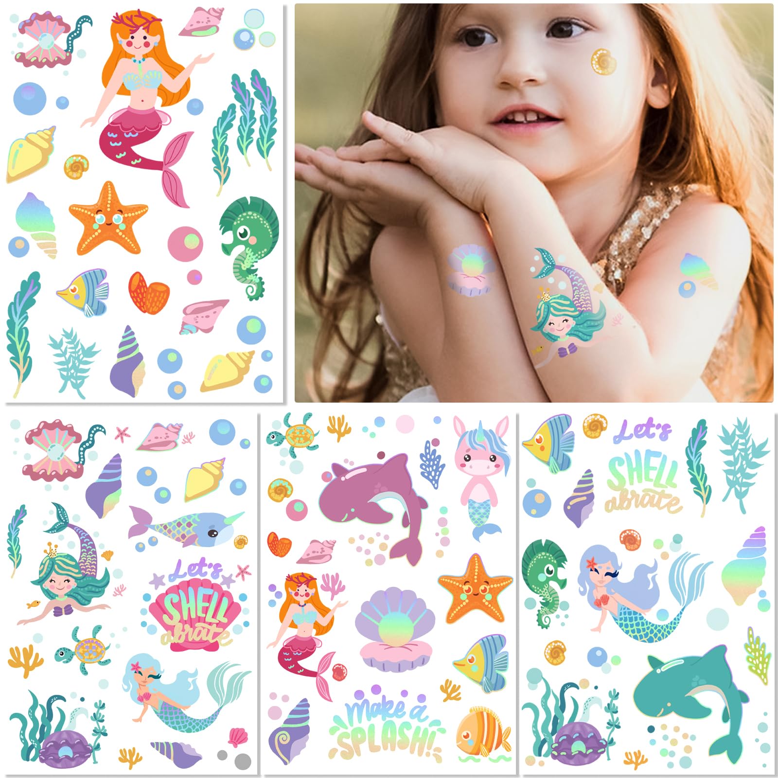 Mermaid Temporary Tattoos for Kids, 85+ Glitter Fake Tattoo, Pirate, Bluey, Dinosaur, Paw Patrol Sleeve Tattoos, Ocean Creatures & Animal, Birthday Party Gift for Boy & Girls Stickers
