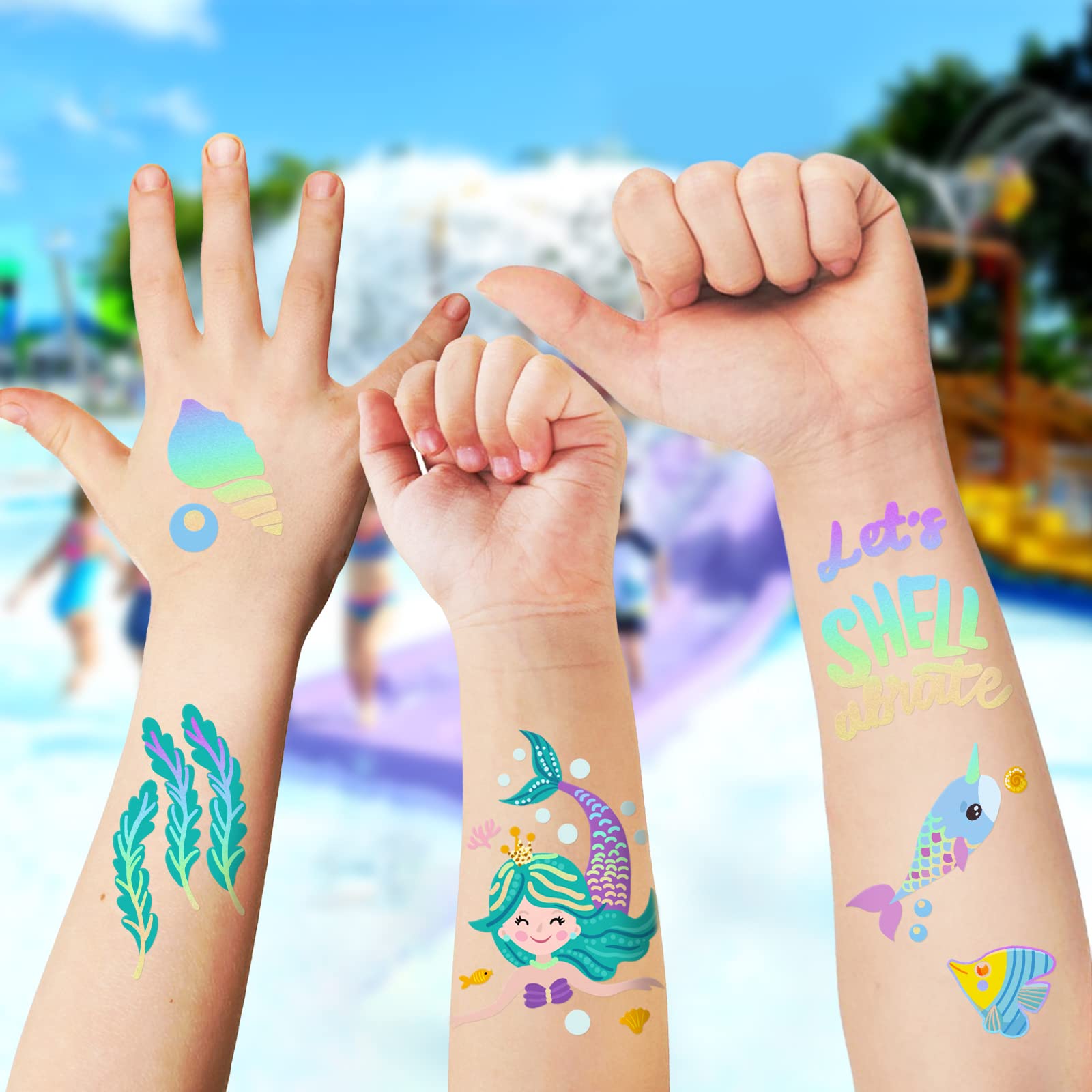 Mermaid Temporary Tattoos for Kids, 85+ Glitter Fake Tattoo, Pirate, Bluey, Dinosaur, Paw Patrol Sleeve Tattoos, Ocean Creatures & Animal, Birthday Party Gift for Boy & Girls Stickers