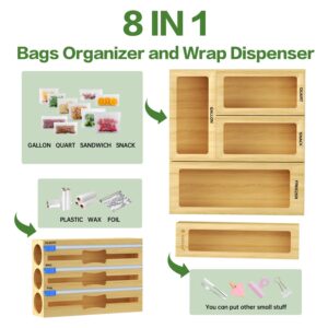 8 in 1 plastic wrap dispenser with cutter and bag organizer, bamboo plastic bag organizer for drawer, kitchen organizers and storage, kitchen drawer organizer for gallon,quart,sandwich,snack bag