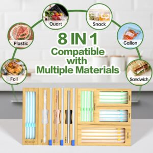 8 in 1 Plastic Wrap Dispenser with Cutter and Bag Organizer, Bamboo Plastic Bag Organizer for Drawer, Kitchen Organizers and Storage, Kitchen Drawer Organizer for Gallon,Quart,Sandwich,Snack Bag