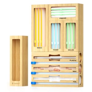 8 in 1 Plastic Wrap Dispenser with Cutter and Bag Organizer, Bamboo Plastic Bag Organizer for Drawer, Kitchen Organizers and Storage, Kitchen Drawer Organizer for Gallon,Quart,Sandwich,Snack Bag