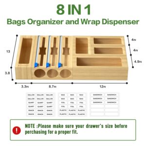 8 in 1 Plastic Wrap Dispenser with Cutter and Bag Organizer, Bamboo Plastic Bag Organizer for Drawer, Kitchen Organizers and Storage, Kitchen Drawer Organizer for Gallon,Quart,Sandwich,Snack Bag