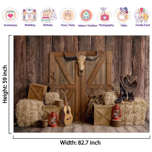 Western Cowboy Backdrop Wild West Photo Background Portrait Photography Props Cowgirl Theme Birthday Party Decorations, Ladvis 82.7"x59" Rustic Wood Banner Kids Baby Shower Photoshoot Supplies