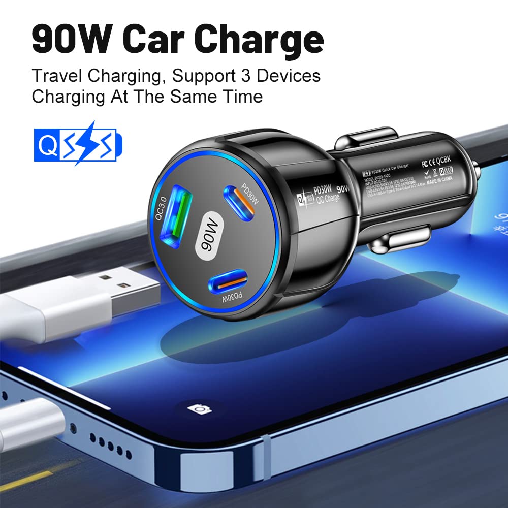 Car Fast Charger,90W Type C Car Charger Car Accessories, Car Accessories Cigarette Lighter USB Car Charger Compatible with iPhone 14/13/12/Mini/Pro/Pro Max (Black)