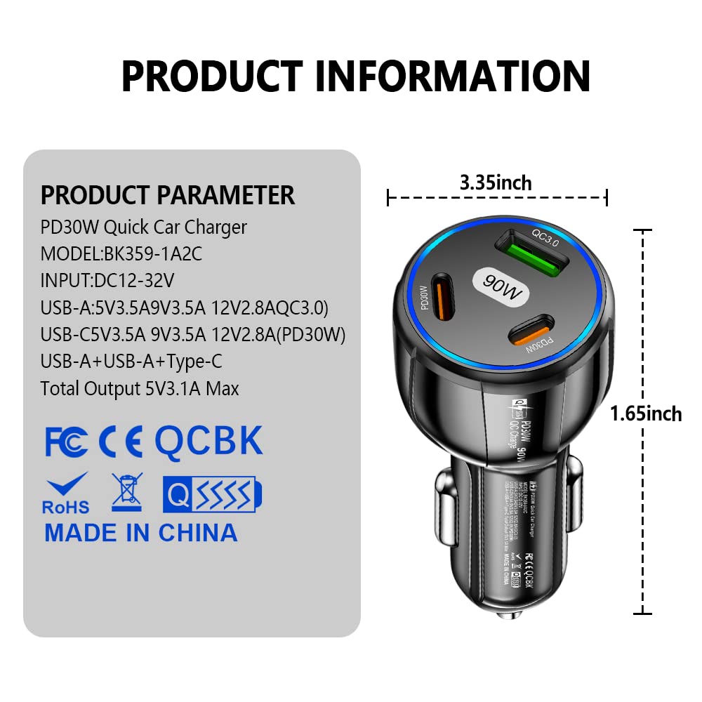 Car Fast Charger,90W Type C Car Charger Car Accessories, Car Accessories Cigarette Lighter USB Car Charger Compatible with iPhone 14/13/12/Mini/Pro/Pro Max (Black)