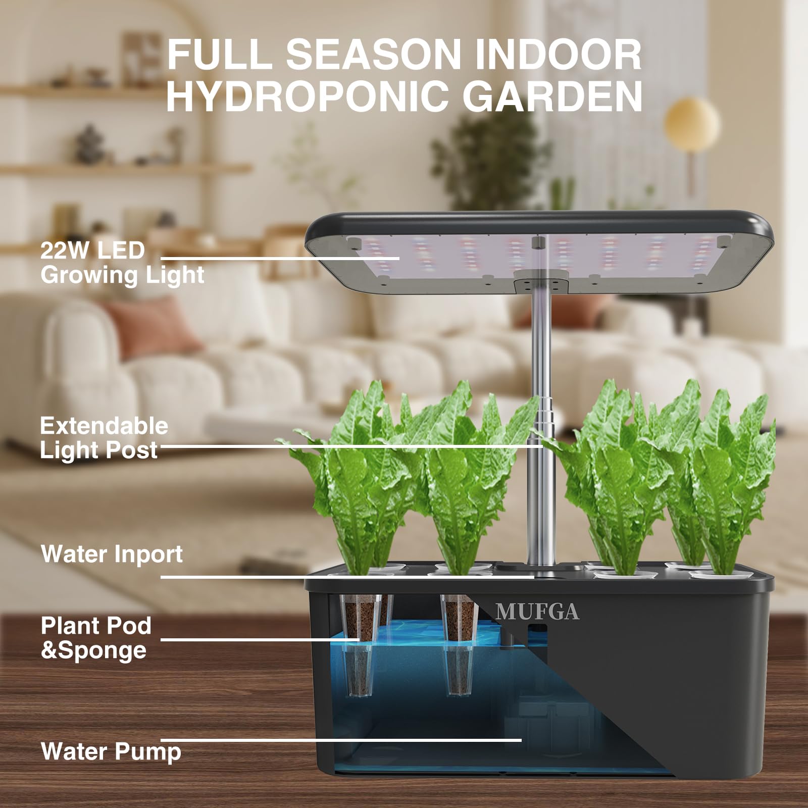 Indoor Garden Hydroponics Growing System - MUFGA 8 Pods Herb Garden Kit Indoor with LED Grow Light, Plants Germination Kit(No Seeds) with Pump System,Height Adjustable, Gift for Women, Black, Black