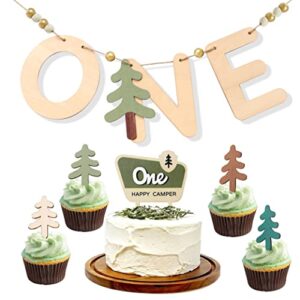 one happy camper wood banner/cupcake topper set - camping cake topper, woodland birthday party decoration, one happy camper birthday banner, first high chair wood safari jungle garland for baby shower boy/girl(wooden one happy camper 1st birthday toppers/