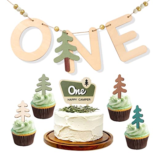 One Happy Camper Wood Banner/Cupcake Topper Set - Camping Cake Topper, Woodland Birthday Party Decoration, One Happy Camper Birthday Banner, First High Chair Wood Safari Jungle Garland For Baby Shower Boy/Girl(Wooden One Happy Camper 1st Birthday Toppers/