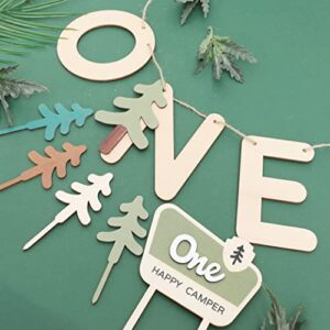 One Happy Camper Wood Banner/Cupcake Topper Set - Camping Cake Topper, Woodland Birthday Party Decoration, One Happy Camper Birthday Banner, First High Chair Wood Safari Jungle Garland For Baby Shower Boy/Girl(Wooden One Happy Camper 1st Birthday Toppers/