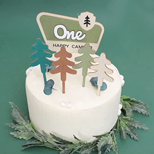 One Happy Camper Wood Banner/Cupcake Topper Set - Camping Cake Topper, Woodland Birthday Party Decoration, One Happy Camper Birthday Banner, First High Chair Wood Safari Jungle Garland For Baby Shower Boy/Girl(Wooden One Happy Camper 1st Birthday Toppers/