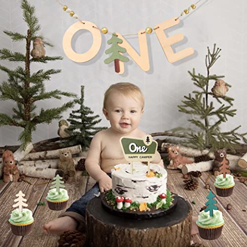 One Happy Camper Wood Banner/Cupcake Topper Set - Camping Cake Topper, Woodland Birthday Party Decoration, One Happy Camper Birthday Banner, First High Chair Wood Safari Jungle Garland For Baby Shower Boy/Girl(Wooden One Happy Camper 1st Birthday Toppers/