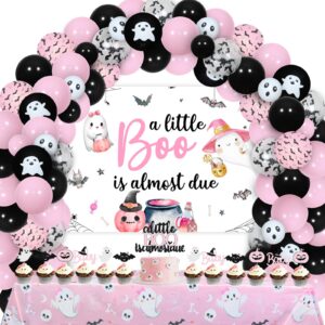 a little boo is almost due halloween baby shower decorations for girl pink and black balloon garland arch kit backdrop tablecloths cake topper bat ghost foil balloons for halloween table decorations