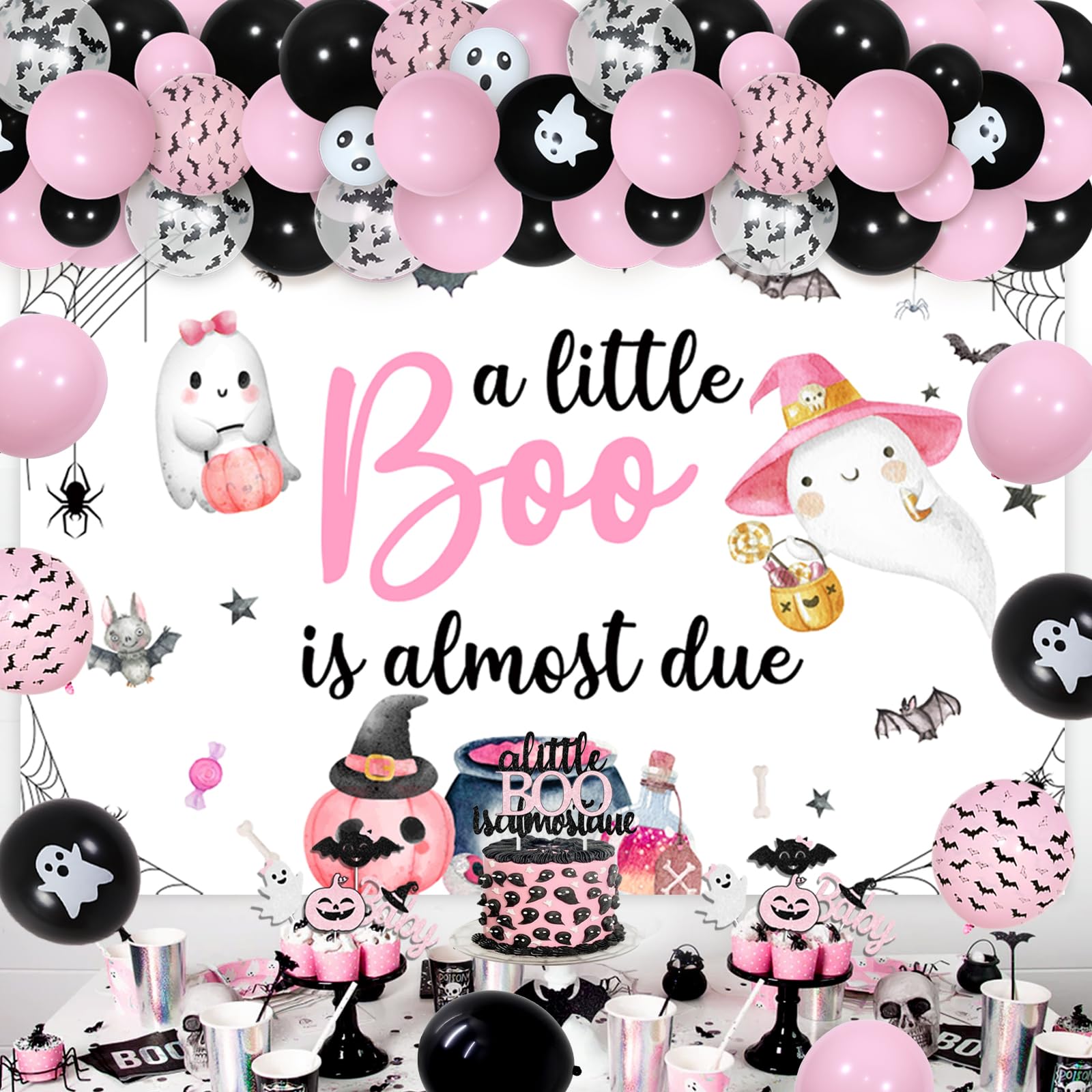 A Little Boo is Almost Due Halloween Baby Shower Decorations for Girl Pink and Black Balloon Garland Arch Kit Backdrop Tablecloths Cake Topper Bat Ghost Foil Balloons for Halloween Table Decorations