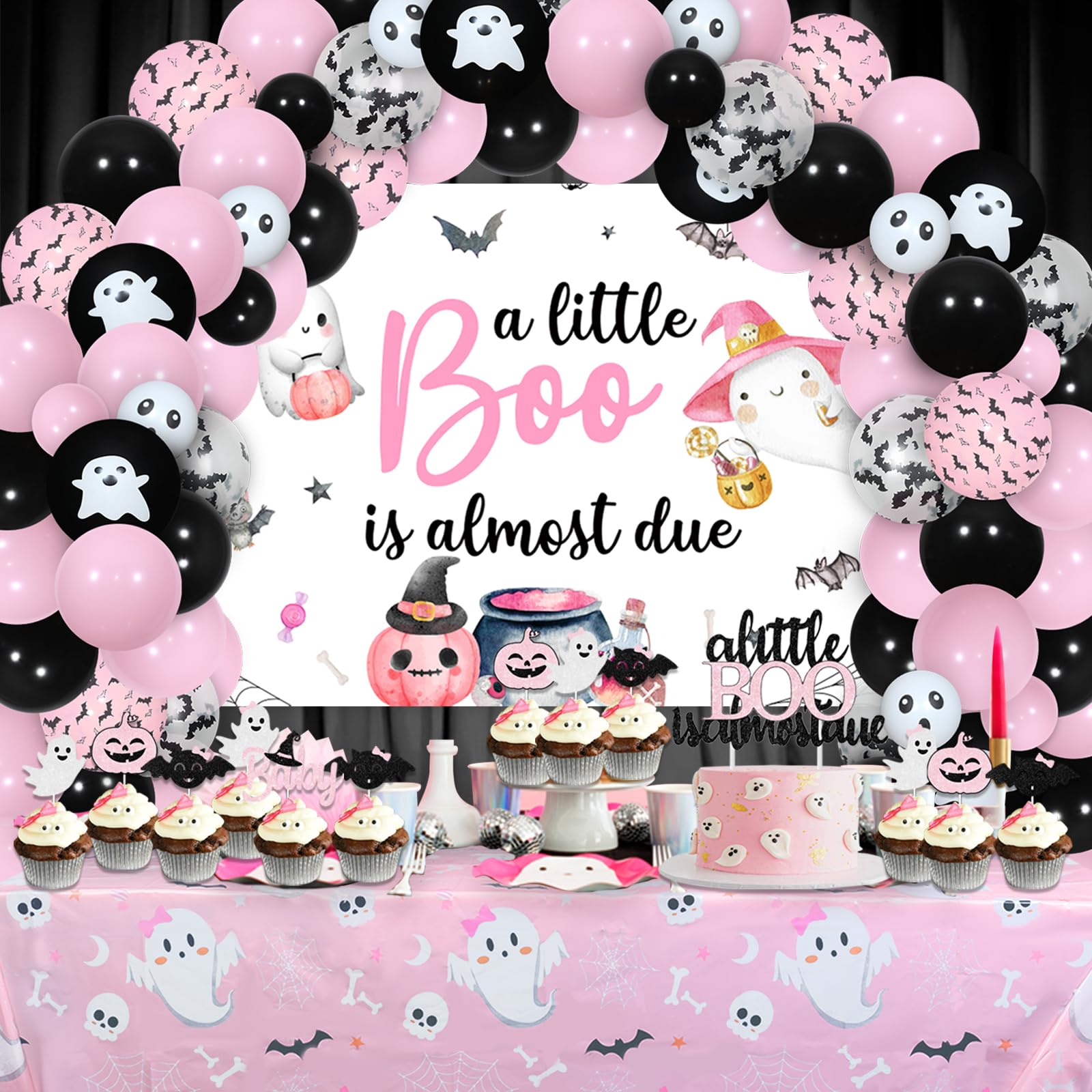 A Little Boo is Almost Due Halloween Baby Shower Decorations for Girl Pink and Black Balloon Garland Arch Kit Backdrop Tablecloths Cake Topper Bat Ghost Foil Balloons for Halloween Table Decorations