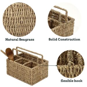 PEMAR Large L-Sized Hand Woven Utensil Caddy Carrier, Natural Jute Wicker Condiment Holder for Table, Kitchen Set Counter Top Silverware Organizer, Rustic Storage Forks, Spoons (Seagrass)