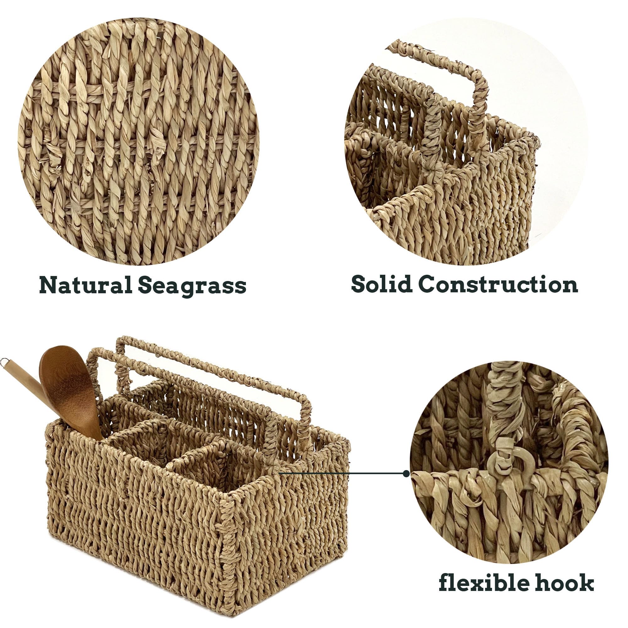 PEMAR Large L-Sized Hand Woven Utensil Caddy Carrier, Natural Jute Wicker Condiment Holder for Table, Kitchen Set Counter Top Silverware Organizer, Rustic Storage Forks, Spoons (Seagrass)