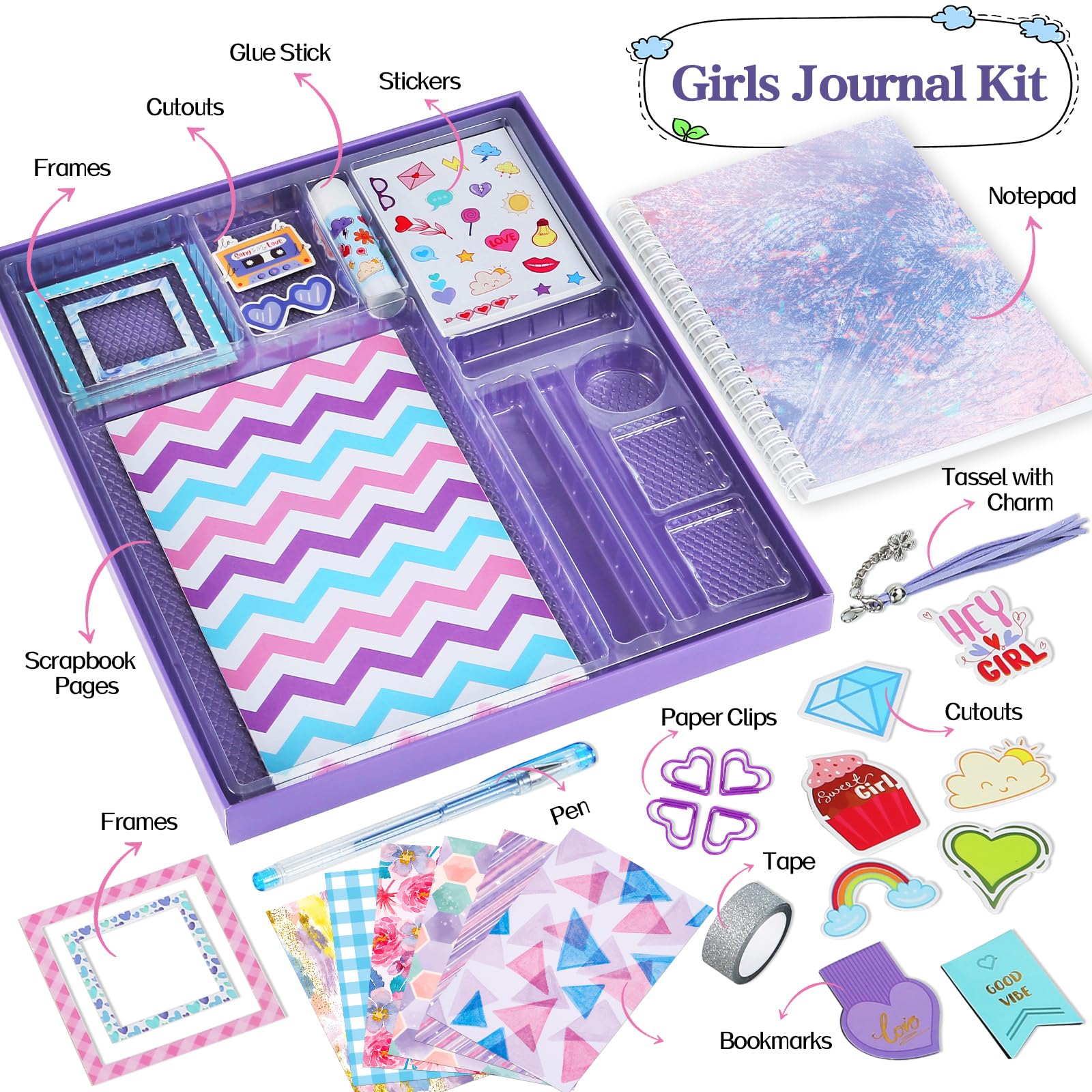 Gifts for Girls Age of 8 9 10 11 12 13 Years Old and Up, Personalized Diary Stuff for Tweens Teens, DIY Journal Set, Decorate Your Planner/Organizer, Journaling Arts Craft Kit, Ideal Girls Toy