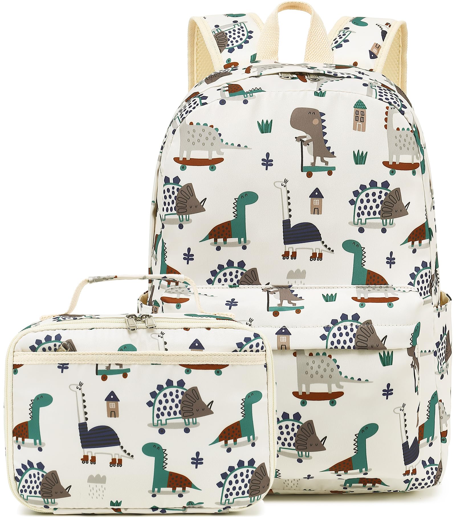 LEDAOU Kids School Backpack with Lunch Box for Boy Kindergarten BookBag School Bag Preschool Kindergarten Toddler Backpack (Dinosaur Beige)