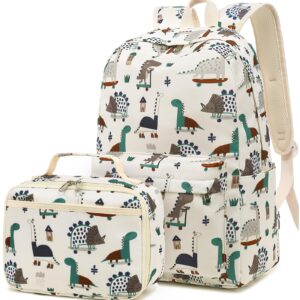 LEDAOU Kids School Backpack with Lunch Box for Boy Kindergarten BookBag School Bag Preschool Kindergarten Toddler Backpack (Dinosaur Beige)