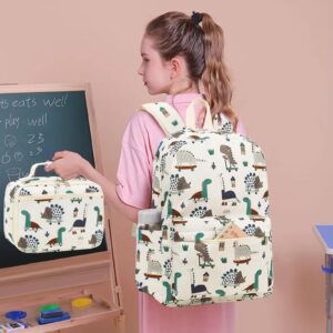 LEDAOU Kids School Backpack with Lunch Box for Boy Kindergarten BookBag School Bag Preschool Kindergarten Toddler Backpack (Dinosaur Beige)