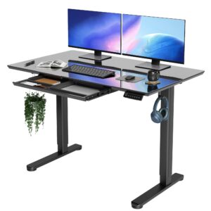 innovar glass standing desk with drawers, 48×24 inch adjustable stand up desk, quick install home office computer desk, black