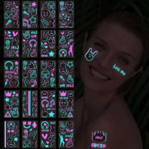 20-Sheet Glow in the Dark temporary tattoos 160+ Styles Adult Fluorescent UV Neon body glitter & Face Waterproof fake tattoo Stickers for Men & Women - Ideal for Rave, Festival Party Supplies