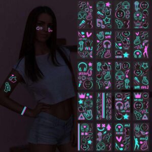 20-Sheet Glow in the Dark temporary tattoos 160+ Styles Adult Fluorescent UV Neon body glitter & Face Waterproof fake tattoo Stickers for Men & Women - Ideal for Rave, Festival Party Supplies