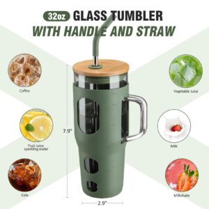 WINSA 32 oz Glass Tumbler with Lid and Straw,Glass Water Bottles with Handle,Glass Cup with Time Marker and Silicone Sleeve, Fits in Cup Holder BPA Free-Olive